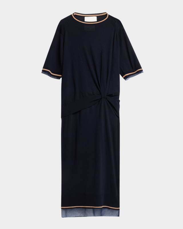 Short-Sleeve Draped Wool Organza Dress